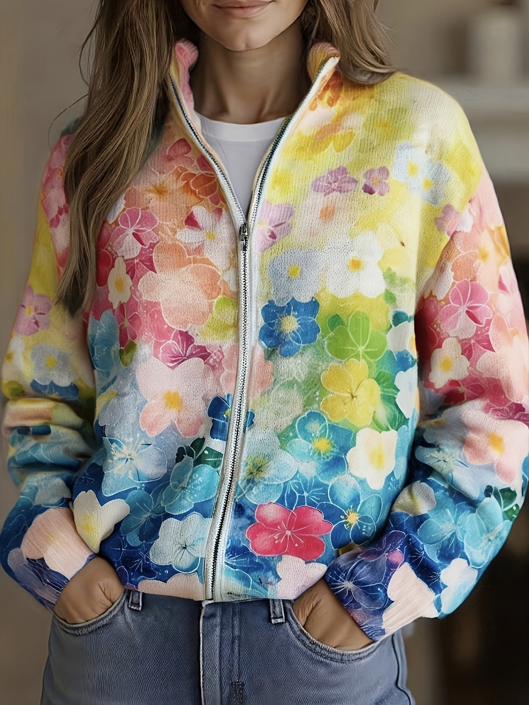 Natalie - Watercolor Bloemen Ombre Rits Cardigan