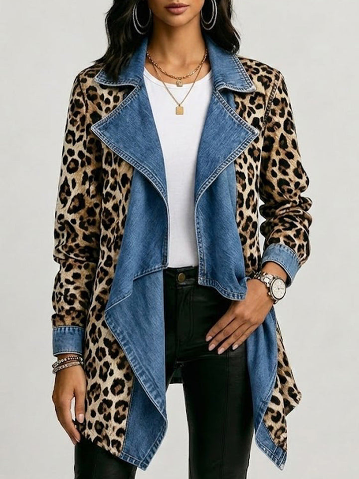 Cécile | Luipaardprint & Gewassen Denim Paneel Jas