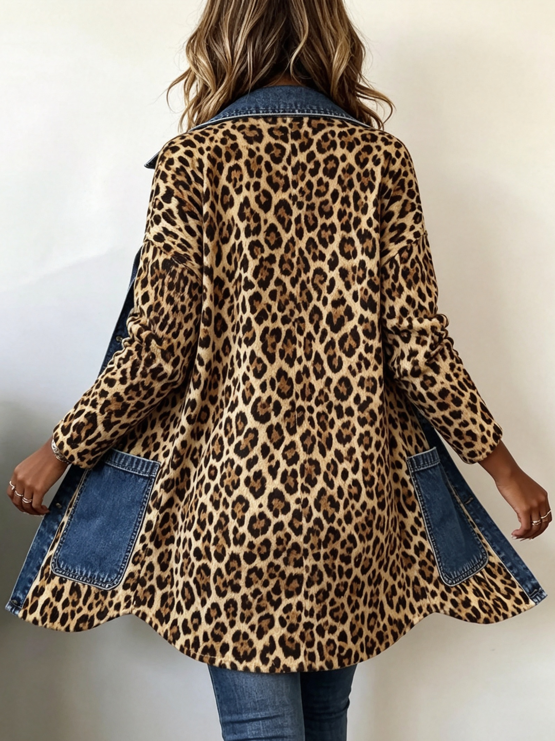 Madeleine | Luipaard Print Denim Paneel Contrast Longline Jas