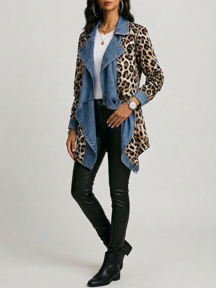 Cécile | Luipaardprint & Gewassen Denim Paneel Jas